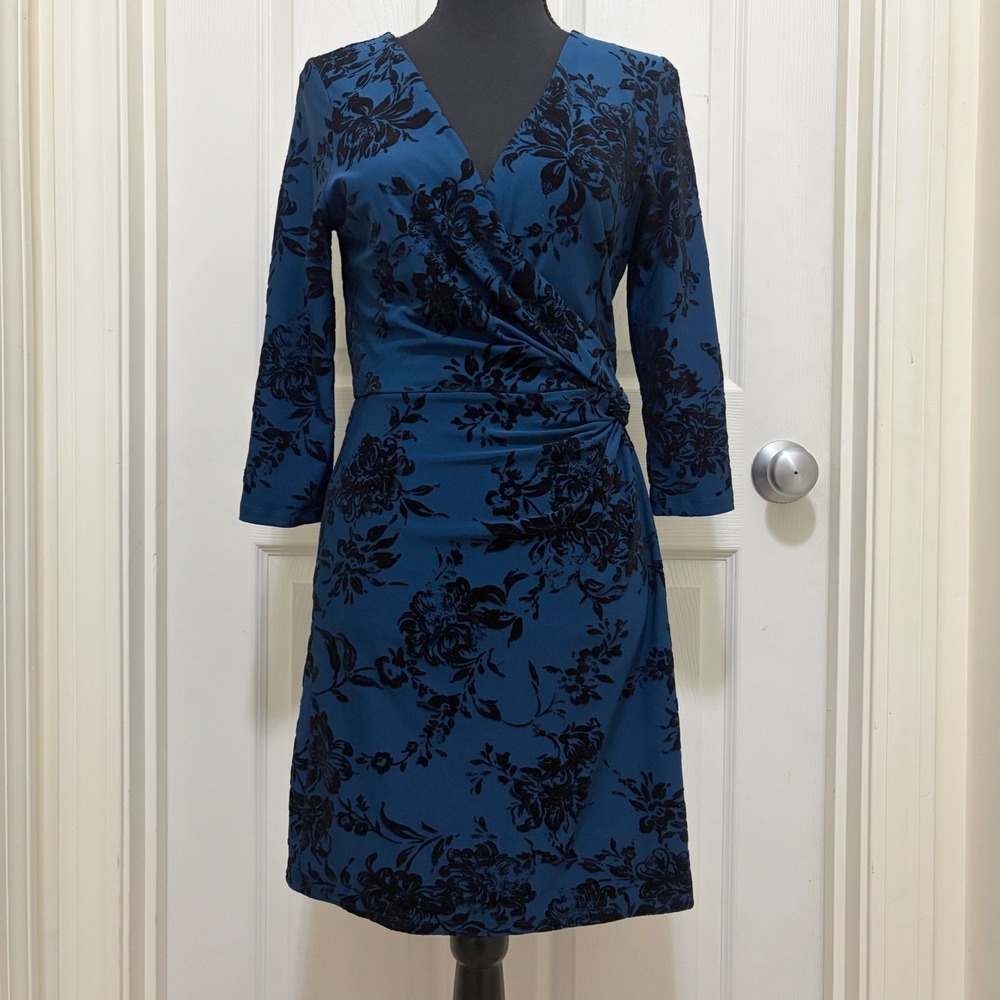 NEW Francesca's Alya Faux Wrap Mini Dress XS Blue Black Velvet Floral Romantic